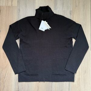 Magaschoni Black Ribbed Knitwear Pockets Women’s Turtleneck Sweater